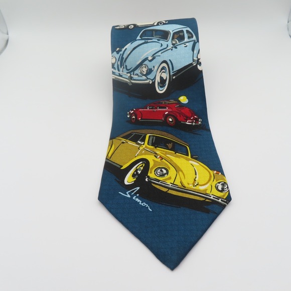 Ralph Marlin RM Tie Silk Blue Beetle Bug VW 4" 57" Long Volkswagen - Picture 2 of 8